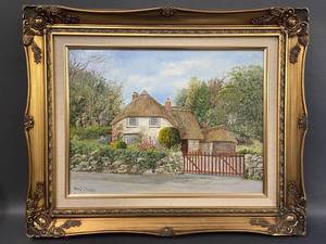 lot 129 image: Marjorie Church Signed Oil Painting Framed Cottage Scene