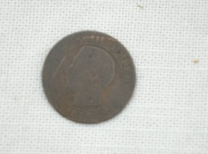 1855 coin, appears to be Napoleon III 5 centimes. copper