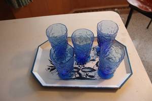 lot 2 image: Set of 6 Vintage Blue Textured Glass Goblets with Decorative Tray