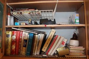lot 25 image: Collection of Vintage and Modern Cookbooks with Additional Office Supplies
