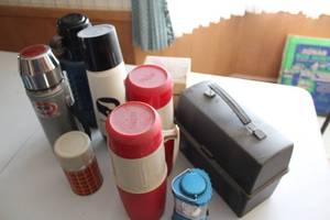 lot 30 image: Collection of Vintage Thermoses, Lantern, and Koffeekit Percolator