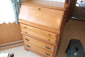 lot 33 image: Wooden Secretary Desk with Drawers and Storage Compartments