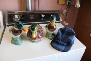 lot 67 image: Set of 3 Ceramic Duck Figurines and Plaid Wool Hat