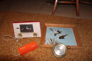 lot 90 image: Vintage RCA Victor Clock Radio, Framed Duck Print, Barometer, and Hollycourt Paste Cleaner