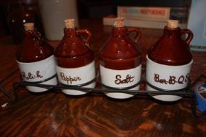 lot A-96 image: Vintage Ceramic Spice Jar Set with Stand - Pepper, Salt, Relish, Bar-B-Q Sauce