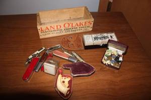 lot 102 image: Collection of Vintage Pocket Knives, Land OLakes Cheese Box, and Party Matches Set