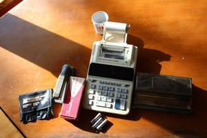 lot 129 image: Vintage Mechanical Calculator with Accessories and Office Supplies