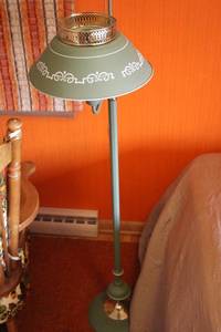 lot 145 image: Vintage Green and Gold Torchiere Floor Lamp with White Shade