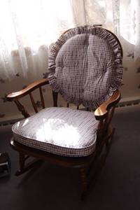 lot 159 image: Wooden Rocking Chair with Floral Cushions