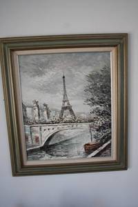 lot 174 image: Oil Painting of Eiffel Tower with Bridge Landscape in Ornate Frame