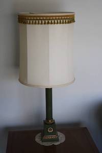 lot 191 image: Vintage Brass and Green Table Lamp with Tassel Trim Shade