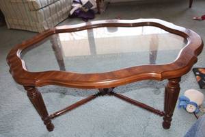 lot A-195 image: Vintage Glass Top Coffee Table with Carved Wooden Frame