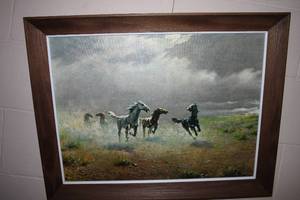 lot 246 image: Vintage Framed Oil Painting of Running Horses in a Stormy Landscape