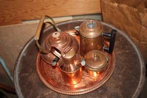 lot 264 image: Vintage Copper Tea and Coffee Set on Copper Tray