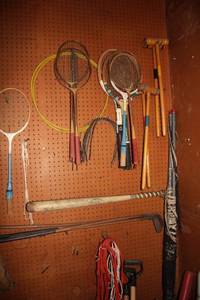 lot 276 image: Vintage Sports Equipment Collection Tennis Rackets, Bats, and Croquet Mallets