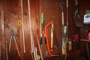 lot 281 image: Assorted Garden Tools Collection with Rakes and Shovels