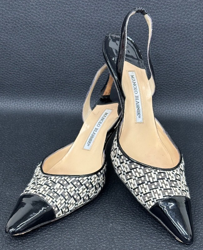 lot 81 image: Manolo Blahnik Ratan and Black Patent Leather Slingback Heels - Size 38 12