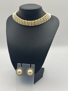 lot 31JJ image: Vintage Monet Multi-Strand Faux Pearl Necklace and Pair of Vintage Faux Pearl and Rhinestone Clip Earrings