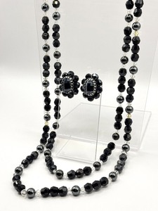 lot 37R image: Vintage Double Strand Black and Clear Faceted Beaded Necklace and Earring Set
