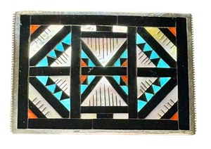 lot 14J image: Zuni Multi Stone Geometric Inlay Sterling SilverBelt Buckle by Leander and Lisa Othole