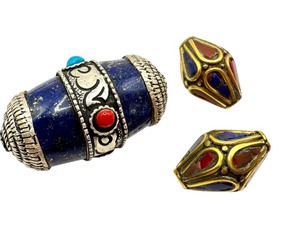 lot 46E image: Afghani Lapis Lazuli Focal Bead and Pair of Lapis Lazuli and Red Coral Inlaid Brass Beads