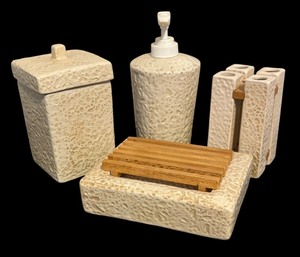 lot 104 image: Spring Made Soap Dish, Toothbrush Holder, Container and Soap Dispenser