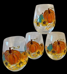 lot 144 image: Set of Four Hand Painted Sunflower Pumpkin  Gourd Stemless Wine Glasses