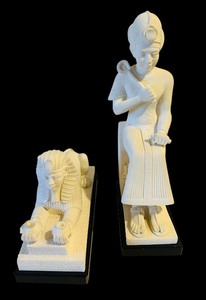 lot 247 image: White Alabaster Egyptian King and Lion Statues  Bookends