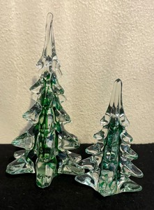 lot 332 image: Two Decorative Green and Clear Glass Tree Figurines