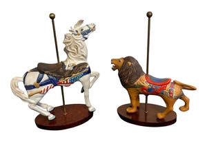 lot 354 image: Franklin Mint Carousel Horse and Lion Figurines