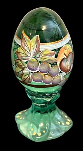 lot 403 image: Fenton Limited Edition Hand Painted Green Glass Egg Figurine with Stand  Fenton Marilyn Wagner Hand Painted Egg Figurine