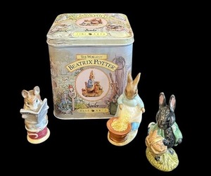 lot 300 image: Vintage Tin with Vintage Beatrix Potter & Cecily Parsley Rabbit Mama Figurine Marked 1965, Beswick England and More