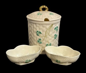 lot 578 image: Belleek Shamrock Sugar Jar and Petite Dishes