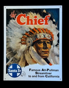 lot 184 image: Santa Fe Chief Railroad Ad Metal Wall Art