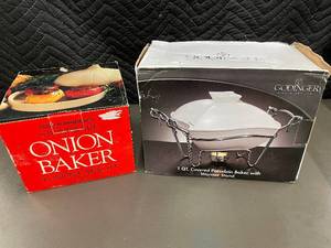 lot 11 image: Godinger 1 QT Covered Porcelain Baker with Warmer Stand and Boston Warehouse Stoneware Onion Baker