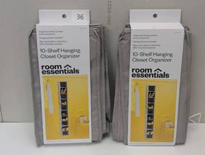 lot 36 image: Set of 2 - 10 Shelf Hanging Shoe Storage Organizer Gray - Room Essentials Closet Rod Hanging Shoe Rack, Holds 10 Pairs, Fabric -  Set of 2