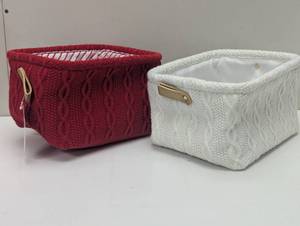 lot 59 image: 2 Soft Storage Baskets WhiteRed - 10 x 8 x 6 - Set of 2