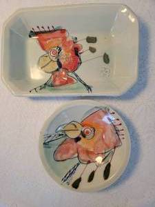 lot 162 image: Art Pottery Duo  Abstract Bird Bowl and Tray Artist Signed RENO