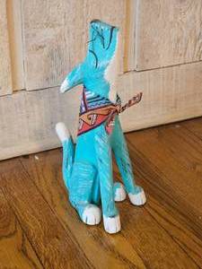 lot 21 image: Sante Fe Folk Art Carved Blue Howling Coyote Pup signed Jorge Rodriguez