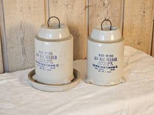 lot 25 image: Red Wing Stoneware Ko-Rec Chicken Feeder pair