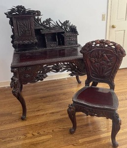 Breathtaking Japanese Meiji Period Carved Mahogany Desk with Chair -RESERVE LOWERED