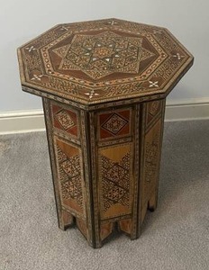 lot 76 image: Middle Eastern Inlaid Tabouret Octogonal Side Table with Storage