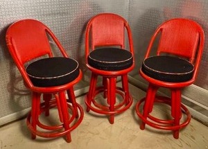 lot 17 image: Awesome MCM Vintage Rattan Swivel Counter Chair Set - Candy Apple Red  Black - (3)
