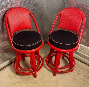 lot 17A image: Awesome MCM Vintage Rattan Swivel Counter Chair Set - Candy Apple Red  Black - (2)