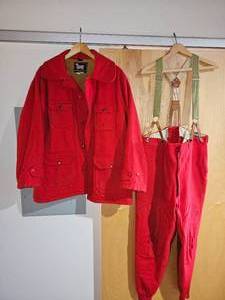 lot 141A image: 60s X Large Vintage Woolrich Solid Red Wool Coat & Overalls