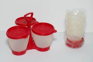 lot 157 image: Vintage Tupperware Red Condiment Caddy & Three Small Tupperware Containers with Red Lids (Still in Original Bag)