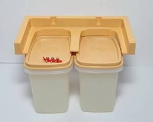 lot 195 image: Vintage Tupperware Shelf Saver Containers with Gold Lids & Wall Rack - BRAND NEW