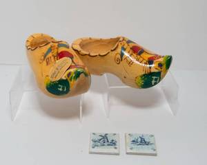 lot 124 image: Dutch Wooden Clogs and Two Small Dutch Tiles