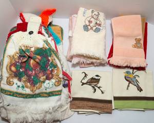 lot 179 image: Variety of Hand Towels and Over-the-Stove Towels with Crocheted Tops  Button-On Design