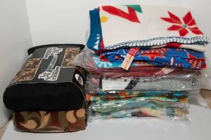 lot 185 image: Lot of 9 Brand New Fleece Blankets & No-Sew Fleece Blanket Making Kit